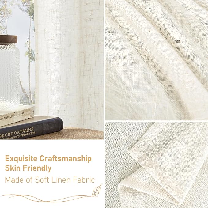 LAMIT Cream Linen Curtains 63 Inches Long for Living Room, Bronze Grommet Linen Drapes Light Filtering Sheer Window Curtains for Bedroom, Set of 2 Panels(38 x 63 Inch)