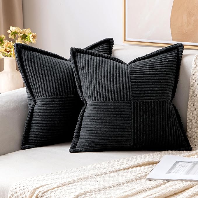 MIULEE Decorative Throw Pillow Covers for Couch Bed Livingroom 20x20 Inch Set of 2 Black Boho Accent Throw Pllows Broadside Striped Patchwork Soft Corduroy Pillowcases
