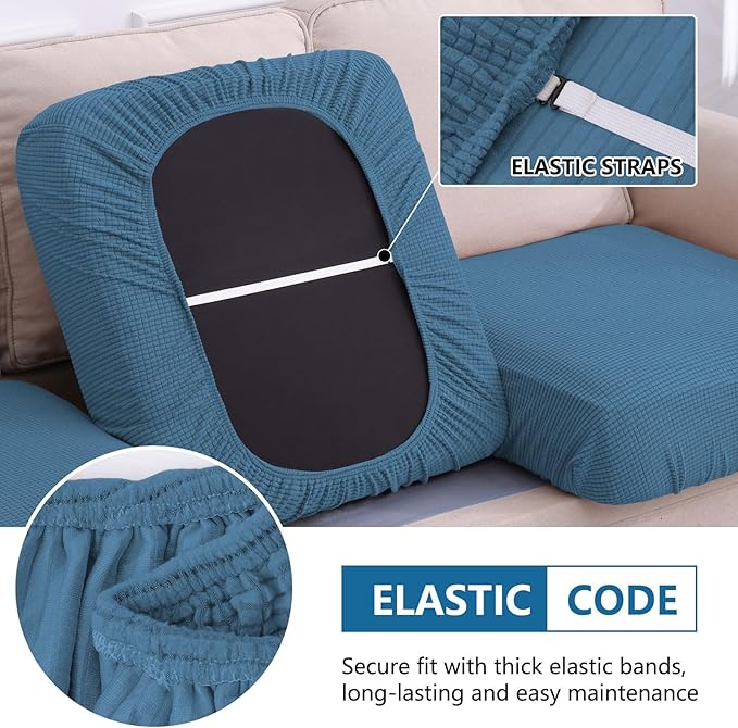 hyha Waterproof Couch Cushion Covers for Pets, Non Slip Sofa Seat Cover for Dogs Washable, Soft Thick Stretch Jacquard Fabric, Sofa Slipcovers with Elastic Bottom (2 Pieces, Blue)