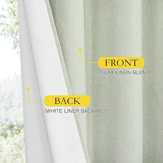 NICETOWN Sage Green Short Kitchen Linen Blackout Curtains 48 inches Length for Kitchen, 52" Wide, Pair of Thermal Insulated & Energy Efficiency Drapes for Windows, Lined Linen Flax Window Dressing