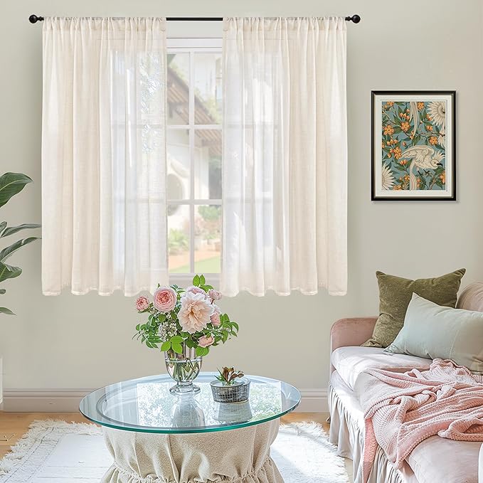 BGment Semi Sheer Linen Curtains 48 Inch Length for Windows, Beige Drapes Light Filtering for Short Bedroom Farmhouse Bathroom Cafe Decor Rustic Lightweight Rod Pocket, 2 Panels Set, 42 Inch Wide