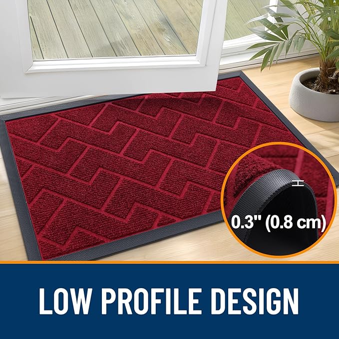OLANLY Front Door Mat Indoor Outdoor Entrance, Waterproof All-Season, All-Weather Doormat, Sturdy Natural Rubber, Low Profile, Easy Clean Patio Porch Entryway Mat, Herringbone Brick (Wine Red, 59x35)