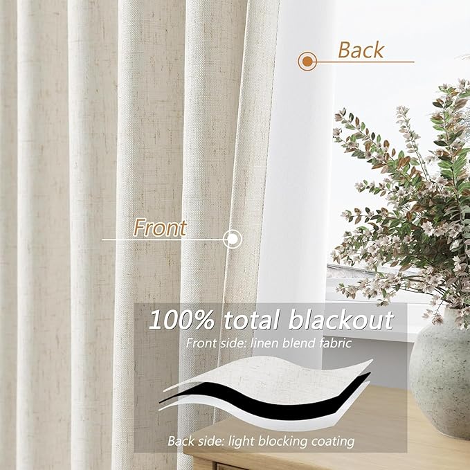 Guken Cream 100% Blackout Linen Curtains 60 Inch Wide by 84 Inch for Living Room Bedroom Back Tab/Rod Pocket Thermal Insulated Black Out 1 Drapes Room Darkening Window Curtains,1 Panel
