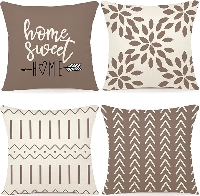YCOLL Pillow Covers 16x16 Set of 4, Modern Sofa Throw Pillow Cover, Decorative Outdoor Linen Fabric Pillow Case for Couch Bed Car, Khaki