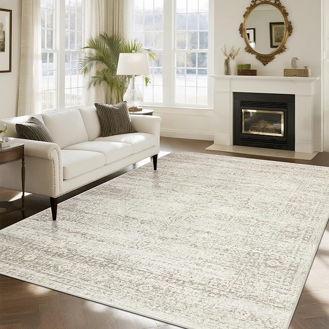 Washable Rugs 8x10 Area Rugs for Living Room,Ultra Soft Faux Wool Retro Rugs for Bedroom,Dining Room,Non Slip&Non-Shedding Low Pile Vintage Print Rug Indoor Large Carpets for Home Office Decor
