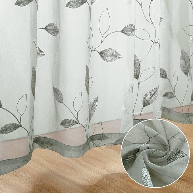HOMEIDEAS Sage Green Sheer Curtains 52 X 84 Inches Long 2 Panels Embroidered Leaf Pattern Pocket Faux Linen Floral Semi Sheer Voile Window Curtains/Drapes for Bedroom Living Room