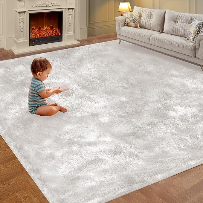 8x10 Soft Shag Area Rug for Living Room and Bedroom Decor, Non-Slip Indoor Carpet for Kids Boys Girls Dorm Nursery, Large Aesthetic Floor Rug, Cream White