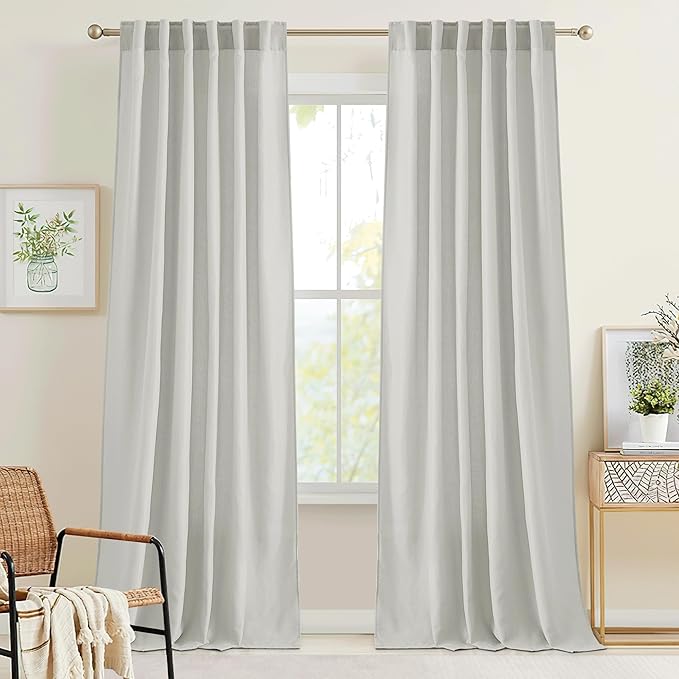 RYB HOME Linen Sheer Curtains for Living Room Bedroom, Back Tab 120 inches Farmhouse Boho Rustic Decoration for Dining Room Nursery, Grey, W 52 x L 120 inches, 2 Panels Set