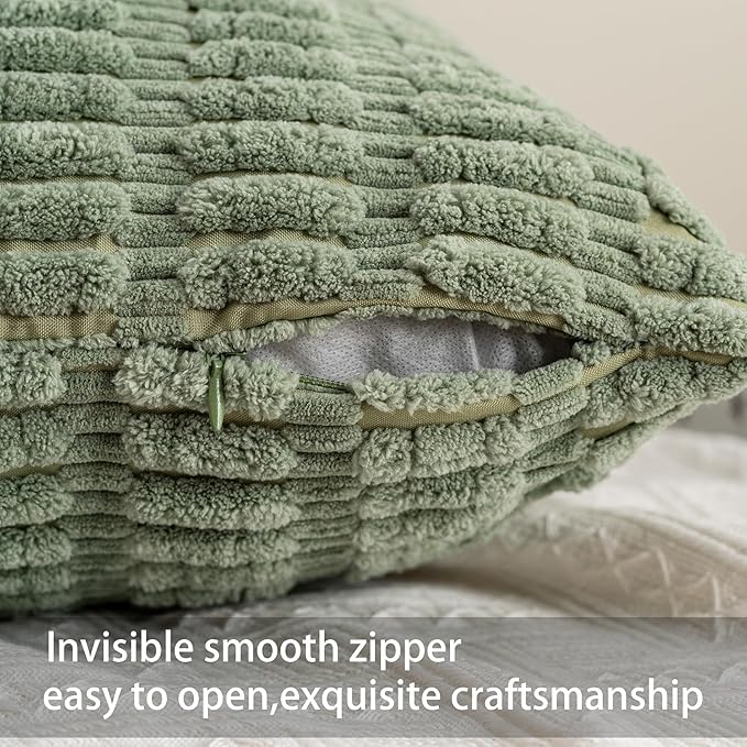 Pack of 2 Corduroy Decorative Throw Pillow Covers 16x16 Inch Soft Striped Pillow Covers Modern Farmhouse Home Decor for Sofa Living Room Couch Bed（Sage Green）
