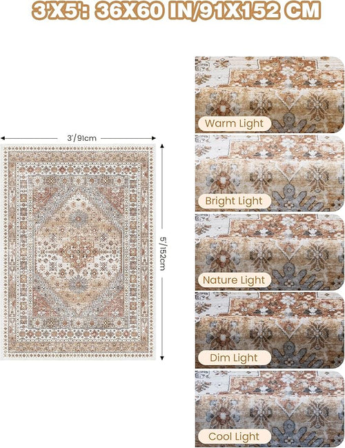 3x5 Washable Area Rug for Entryway, Kitchen Rugs Non Slip for Dining Room, Vintage Floral Soft Living Room Rug, Thin Area Rug Indoor for Bedroom, Kids Room Decor(Orange,3'x5')