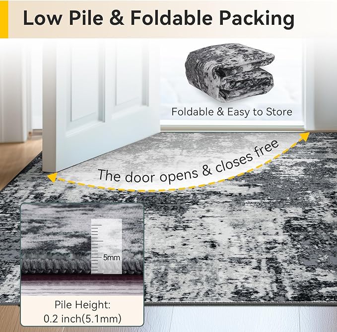 Washable Area Rugs 8ft Non-Slip Modern Abstract Soft for Living Room Entryway Bedroom Nursery, Print Pattern, Black Navy Blue Gray