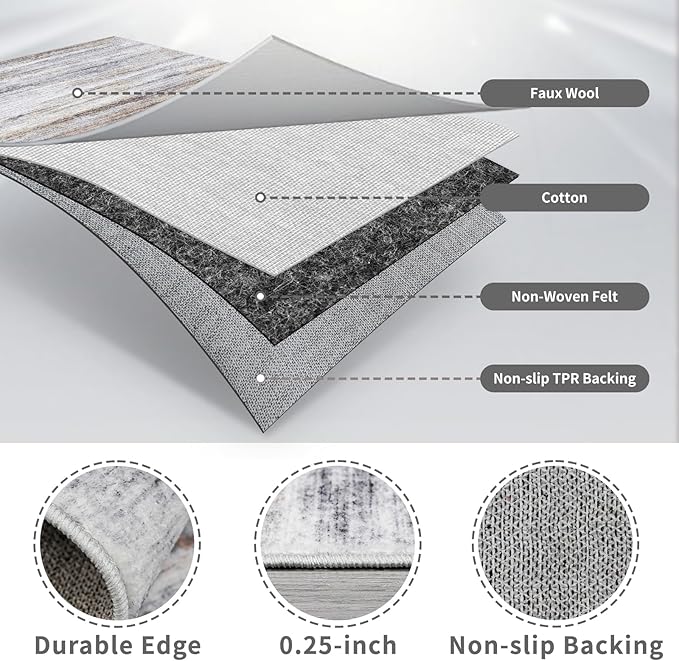 4x12 Runner Rug for Wide Hallway: Long Washable Runners for Entryway Living Room Dining Room - Stain and Water Resistant Rugs with Non-Slip Backing - Soft Low-Pile Carpet Beige Grey