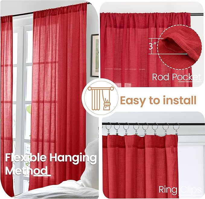 BGment Red Linen Semi Sheer Curtains for Living Room - Light Filtering Window Drapes with Rod Pocket for Dining Bedroom Lightweight, 2 Panels Set, 52 X 80 Inch