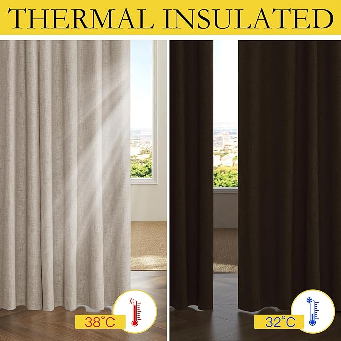 NICETOWN Farmhouse Style 100% Blackout Oatmeal Linen Curtains 90 inches Length, 2 Panels, 52" W, Room Cooling Window Draperies with Thermal Insulated Liners for Dining Room