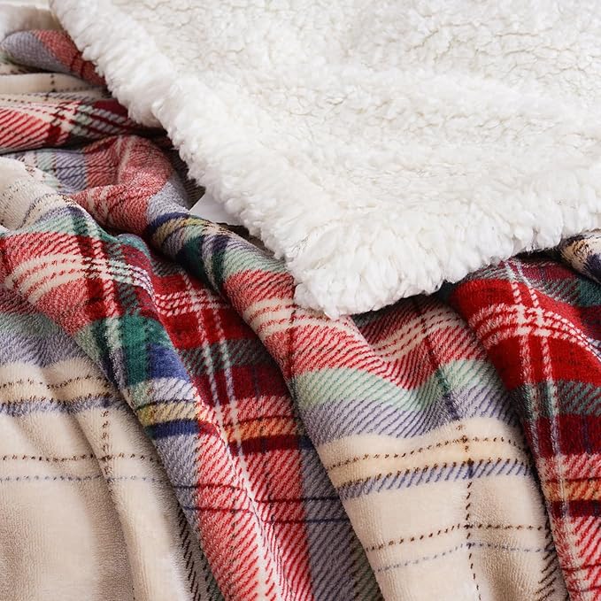 PU MEI Sherpa Fleece Throw Blanket 60" x 80" Reversible Plush Fluffy Large Big Blanket Lattice Flannel Blankets for All Season Use, Chrismas Red