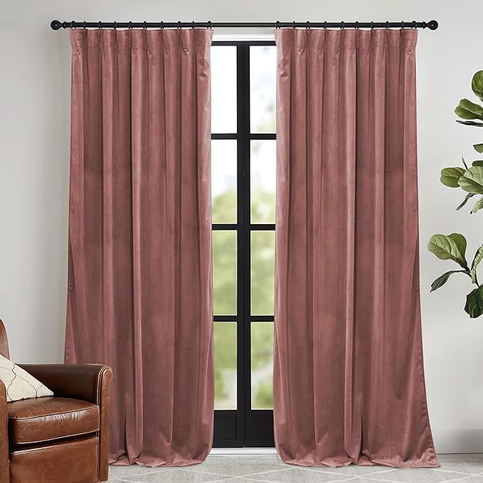 RYB HOME Dusty Pink Velvet Curtains 96 inch, Darkening Window Curtains for Living Room Energy Efficient Backdrop Festival Decor for Girls Bedroom Dining Room, Wild Rose, W52 x L96 inch, 2 Panels