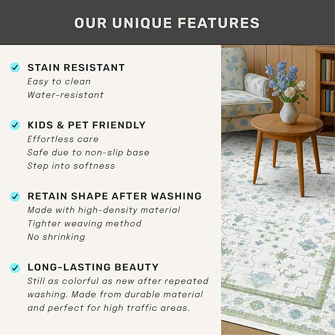 Hazo Haus Cream Oushak 6x9 Bedroom Rug - Boho Floral Cool Blue and Green, Washable Low Pile Non-Slip Ultra-Thin Large Area Rugs for Bed Room, Living Room, Playroom