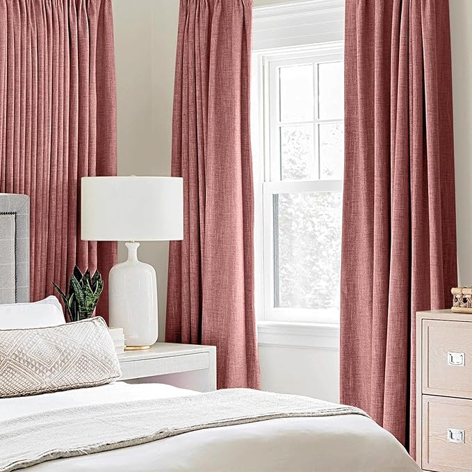 MIULEE 100% Blackout Linen Textured Curtains for Bedroom Solid Thermal Insulated Dusty Rose Grommet Room Darkening Curtains & Drapes Luxury Decor for Living Room Nursery 52 x 72 Inch (2 Panels)