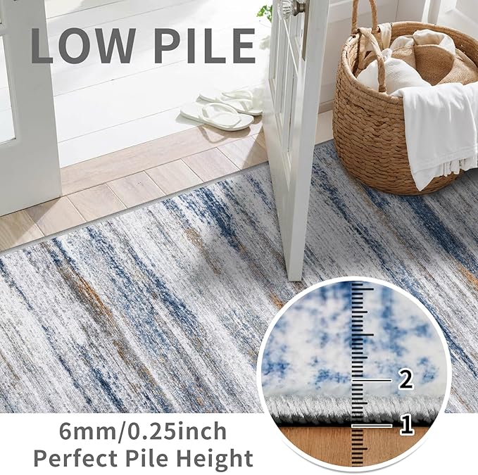 3x6 Washable Runner Rug for Family: Easy-to-Clean Runners for Hallway Entryway Kitchen Bedroom - Stain and Water Resistant Rugs with Non-Slip Backing - Soft Low-Pile Carpet Navy Grey