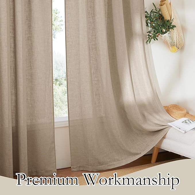 RYB HOME Linen Sheer Curtains for Small Window, Back Tab Breathable Absorbent Curtains & Drapes, Light Filter Half Privacy Protect for Study Room Office, Length 63 by Width 52 inch, 2 Panels, Khaki