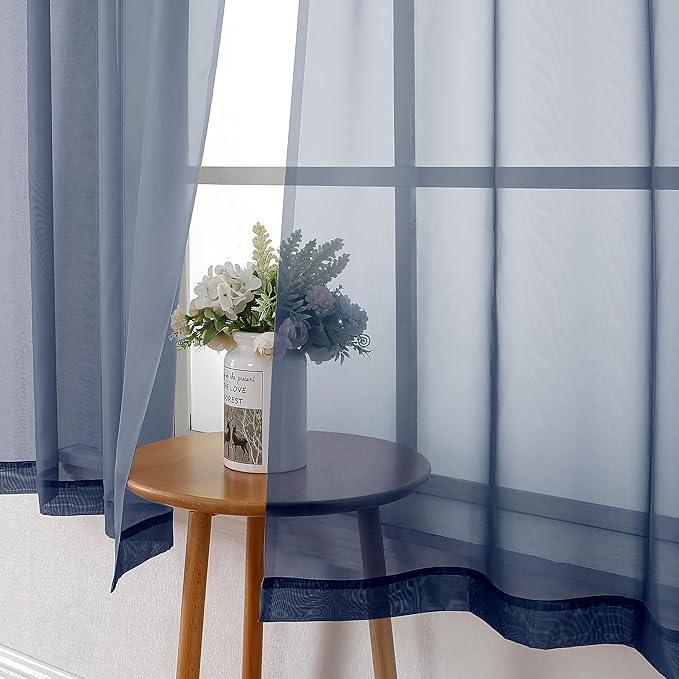 Lecloud Short Sheer Curtains 54 Inches Length 2 Panels, Light Filtering Voile Curtain Drapes for Half Window Kitchen Bedroom, Basic Rod Pocket Living Room Sheer Curtains, 40Wx54L Inches, Navy Blue