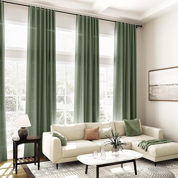 Olive Green Linen Curtains 72 Inch Length 2 Panel Set Back Tab Semi Sheer Light Filtering Breathability Short Curtain Farmhosue Country Style Bay Window for Living Room Bedroom 40x72