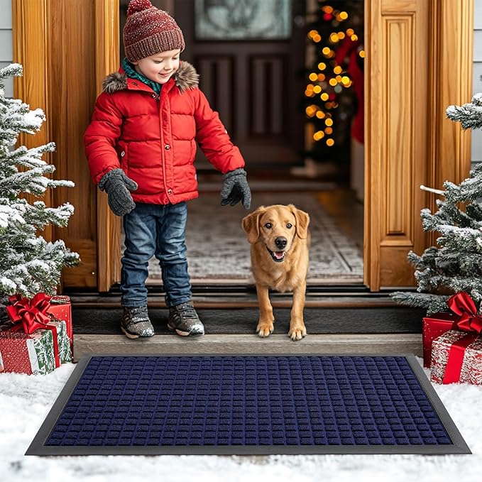 Smiry Front Door Mat Outside Entrance, Heavy Duty Natural Rubber Doormat, Non Slip, Trap Dirt and Moisture, Easy Clean, Low Profile Welcome Floor Mats for Indoor Outdoor Entry, 59x34 Inch, Navy Blue