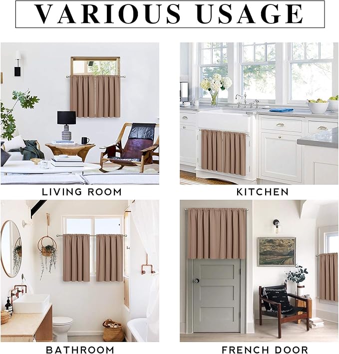 RYB HOME Blackout Cafe Curtains 30 inch Length, Short Light UV Heat Blocking Energy Saving Privacy Curtain Tiers for Basement Bathroom Kitchen Window, Width 29 by Length 30, Mocha, 2 Panels