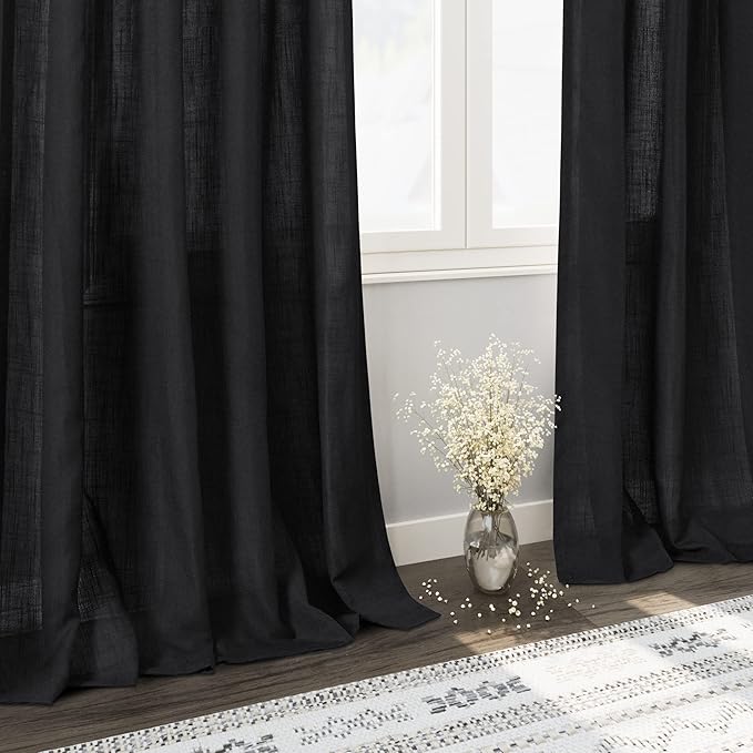 Black Linen Curtains 102 Inches Long for Living Room 2 Panel Set Back Tab Rod Pocket Semi Sheer Curtains Light Filtering Burlap Extra Long Drapes Neutral Farmhouse Decor for High Window 40x102