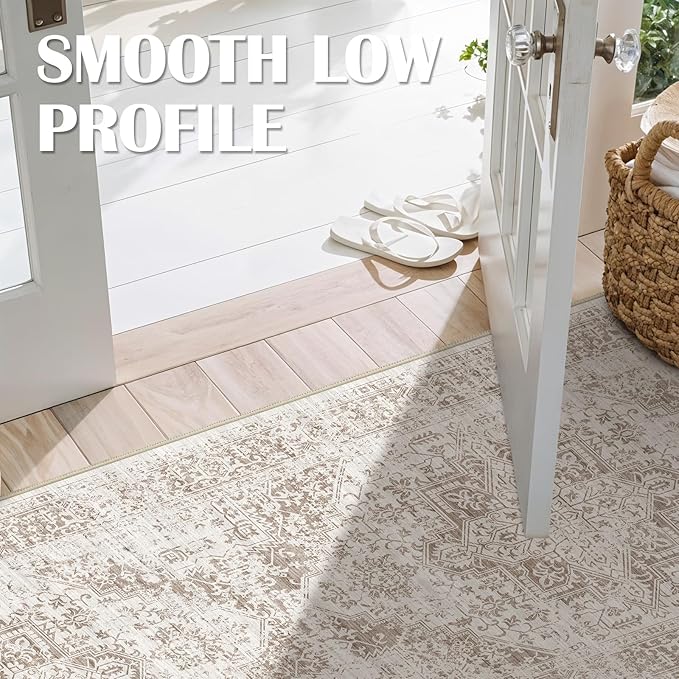 3x12 Washable Hallway Runner Rug - Non Slip Kitchen Runner Rugs with Rubber Backing Vintage Low-Pile Carpet Runners for Entryway Dining Room Laundry Room Home Decor (Cream/Camel)
