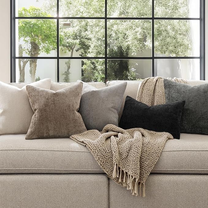 MIULEE Pack of 2 Couch Throw Pillow Covers 18x18 Inch Neutral Khaki Taupe Modern Boho Accent Decorative Pillow Covers Soft Chenille Farmhouse Cushion Covers for Home Decor Bed Sofa Living Room