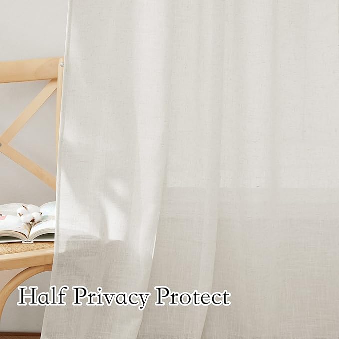 RYB HOME Farmhouse Sheer Curtains 108 inch Length, Semi Sheer Curtain & Drapes Large Window Dressing Lights & Winds Filter for Bedroom Home Office Living Room, Linen, W 70 x L 108 inch Long, 1 Pair