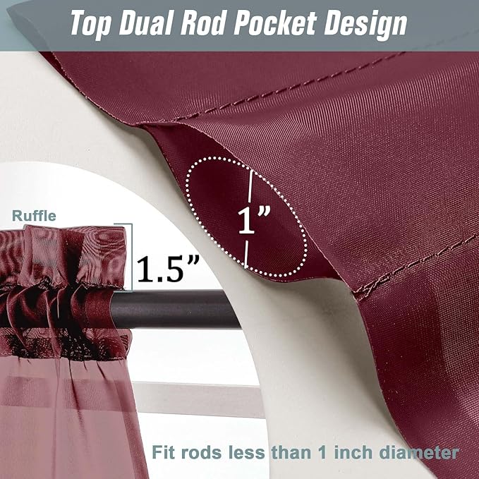 Burgundy Sheer Curtains 90 Inches Long 2 Panels, Light Filtering Solid Sheer Curtains for Bedroom Living Room Christmas Party, Lightweight Voile Sheer Drapes, Dual Rod Pocket, 2x42Wx90L Inches