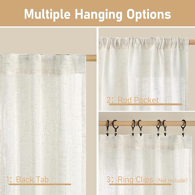 LAMIT Semi Sheer Cream Linen Curtains 36 Inch Length 2 Panels, Light Filtering Panels Back Tab and Rod Pocket Neutral Drapes for Bathroom/Kitchen/Loft Room, 25 x 36 Inch