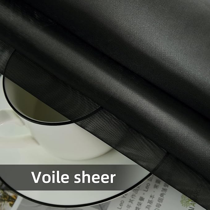 youleyar Solid Sheer Rod Pocket Curtain Voile Draperies 2 Panels White Beige Black Ivory Coffee 26 Inch Width 30 Inch Long 1 Pair for Kitchen Bedroom Children Living Room Yard(Black,26Wｘ30L)