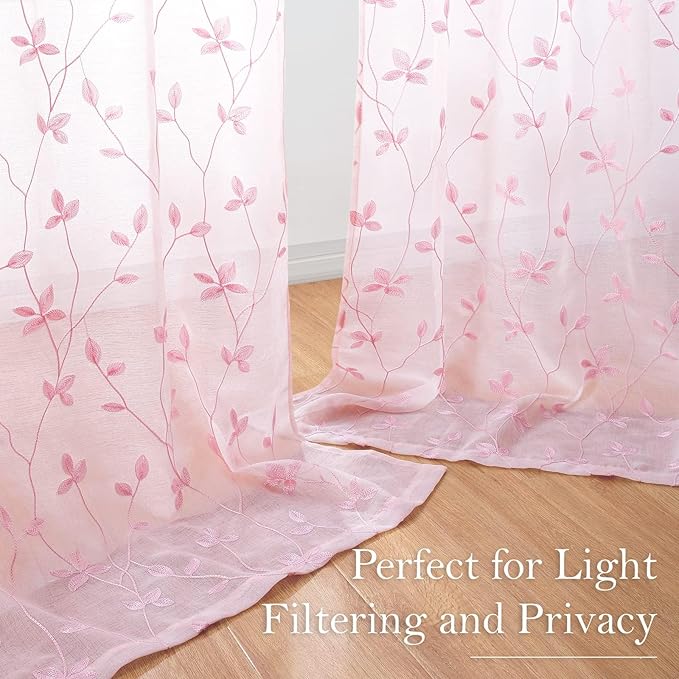 HOMEIDEAS Pink Sheer Curtains 52 X 63 Inches Length 2 Panels Embroidered Vine Floral Pattern Pocket Faux Linen Semi Sheer Voile Window Drapes for Bedroom Living Room