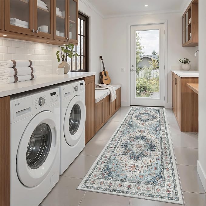 Madane Washable Runner Rug - 2x6 Rug Runners for Hallways 6 Feet Non Slip Vintage Kitchen Runner Rug Ultra-Thin Bathroom Runner Rugs Carpet Laundry Room Bedroom (2x6ft, Blue)