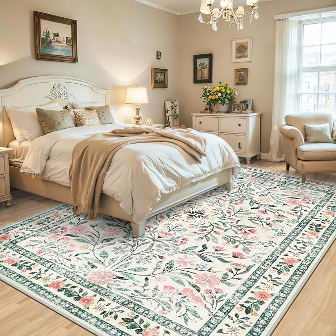 6x9 Area Rugs for Living Room: Floral Washable Rug Vintage Large Soft Boho Non-Slip Carpet Indoor Stain Resistant Thin Carpets for Bedroom Dining Room Farmhouse Nursery Hallway Home Office Green Beige
