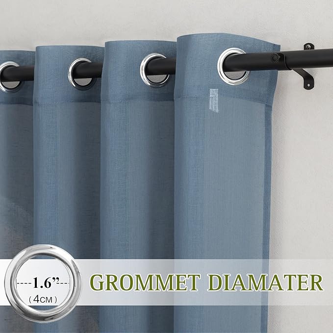 NICETOWN Flax Linen Sheer Curtains for Living Room, (Stone Blue) Grommet Vertical Drapes Semi Sheer Linen Curtains Privacy with Light Filtering for Villa/Farmhouse, W52 x L84, 1 Pair