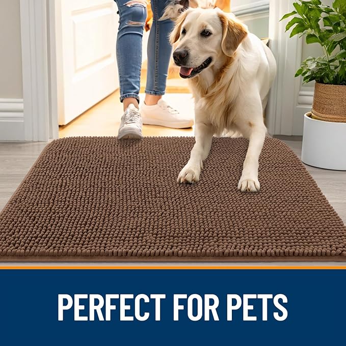 OLANLY Dog Door Mat for Muddy Paws 59x32, Absorbs Moisture and Dirt, Absorbent Non-Slip Washable Doormat, Quick Dry Chenille Mud Mat for Dogs, Entry Indoor Entryway Carpet for Inside Floor, Mocha