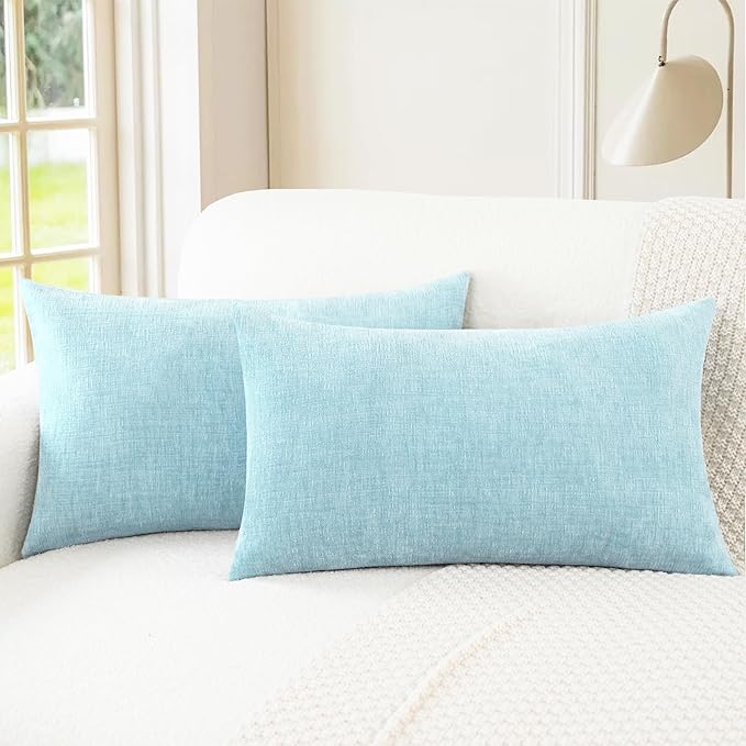 CaliTime Throw Pillow Covers Decorative 12 X 20 Inches Pack of 2 Cozy Chenille Cushion Cases for Couch Sofa Bed Living Room Home Light Blue Grey