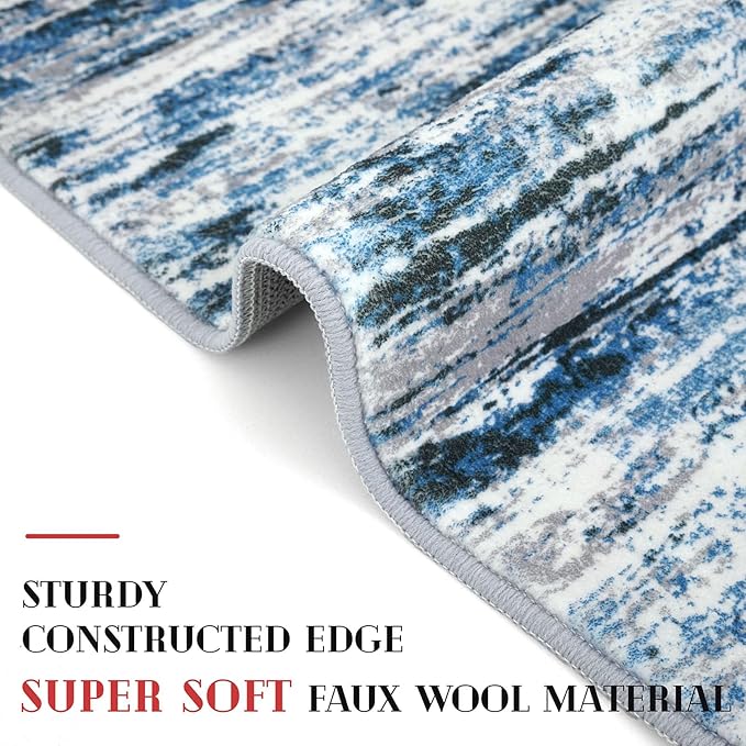 Lansny Modern Abstract Runner Rug 2.6x12, Grey Blue White Washable Long Kitchen Runner Non-Slip Soft Hallway Rug Runner Thin Print Faux Wool Carpet for Entryway Bedroom Laundry Room Indoor Home Decor