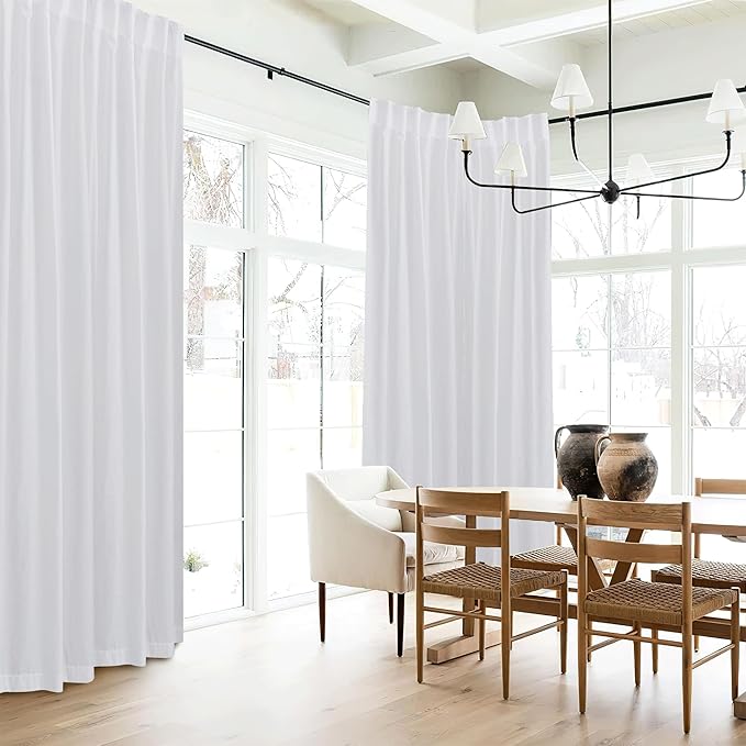RYB HOME White Linen Curtains 90 inches Long, Semi Sheer Light Filtering Back Tab Breathable Window Curtains & Drapes for Bedroom Living Room, W 52 x L90 inches, 2 Panels Set