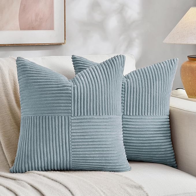Fancy Homi Set of 2 Light Blue Euro Decorative Throw Pillow Covers 28x28 Inch for Bedroom Couch Bed, Farmhouse Boho Home Decor, Soft Cross Corduroy Patchwork Textured Square Cushion Case 71x71 cm