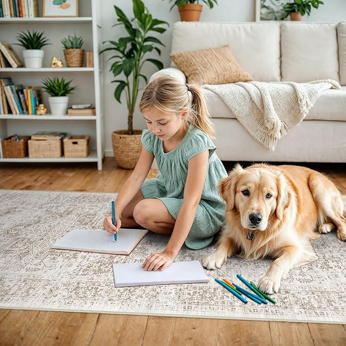 3x25 Washable Hallway Runner Rug - Vintage Kitchen Runners Low Pile Carpet Soft Thin Floor Runner with Rubber Backing for Entryway Living Room Home Decor (Cream/Camel)
