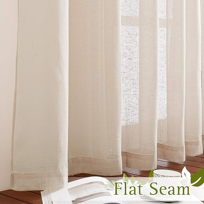 NICETOWN Beige Sliding Door Curtains Linen Sheer Textured, Grommet Semi Sheer Keep Privacy Window Drapes with Light Filtering for Living Room/Bedroom, W70 x L84, 2 Pieces