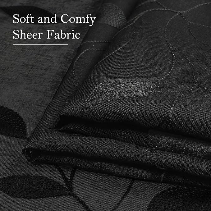 HOMEIDEAS Black Sheer Curtains 52 X 96 Inches Length 2 Panels Black Embroidered Leaf Pattern Gothic Faux Linen Floral Semi Sheer Voile Window Curtains/Drapes for Bedroom Living Room