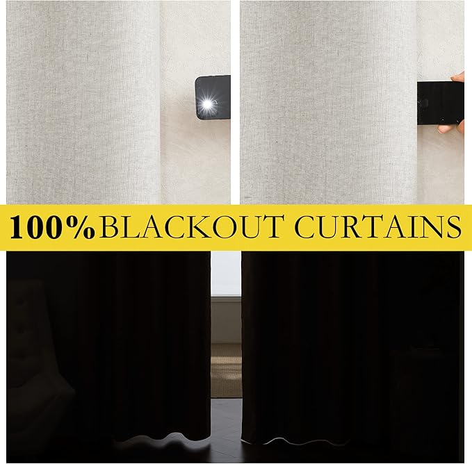 NICETOWN 100% Absolutely Blackout Linen Curtains with Thermal Insulated White Liner, Ivory, 62" W x 63" L, Set of 2, Burlap Textured Textured Linen Look Privacy Window Treatment for Kitchen