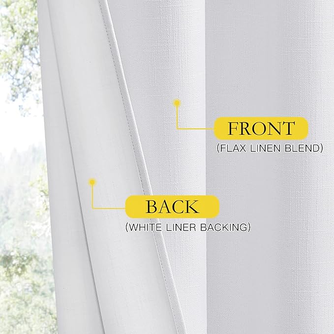 NICETOWN 100% Absolutely Blackout Linen Curtains with Thermal Insulated White Liner, White, W62, 2 Pieces, Noise Reducing Textured Linen Look Curtains for Windows 108 inch Length for Classroom