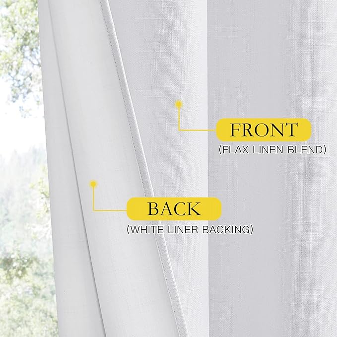 NICETOWN 100% Absolutely Blackout Linen Curtains with Thermal Insulated White Liner, White, W62, 2 Pieces, Noise Reducing Textured Linen Look Curtains for Windows 102 inch Length for Classroom